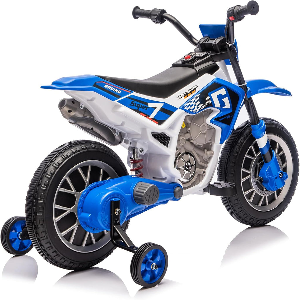 JOYLDIAS Kids Motorcycle, 12V7AH Ride On Motorcycle for Kids w/Training Wheels, Music, Spring Suspension, High/Low Speeds, Blue