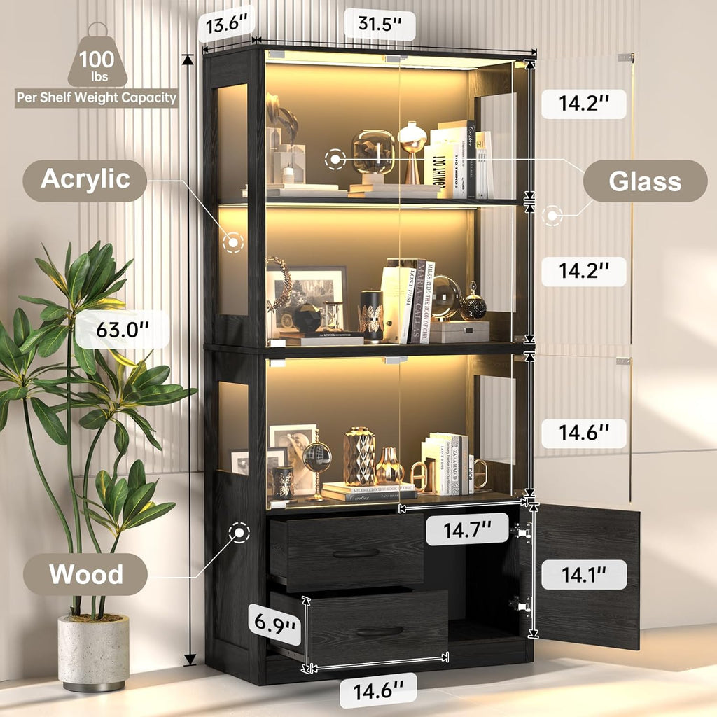 Display Cabinet with Glass Doors, 4-Tier Display Case with 3-Color Lights & Human Body Sensor, Storage Cabinets with 3 Shelves & 2 Drawers for Collectibles/Living/Dining/Game Room, Black Oak