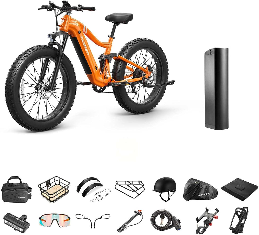 Battery+Luxury Gift Pack Boxer Electric Bike for Adults 960W, 48V 20AH Battery Ebike, Full Suspension 26' Fat Tire E Bike, 28MPH 80Miles Range Mountain Electric Bicycle, 7 Speed Hydraulic Disc Brakes