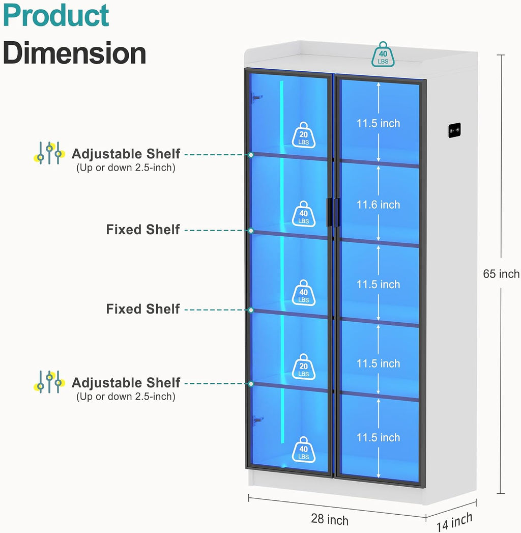 Lvifur 65' LED Display Cabinet with Lights for Living Room, 5 Tier Bookcase with Adjustable Shelves for Office, Tall Storage Cabinet with Human Body Induction for Collectibles (White)