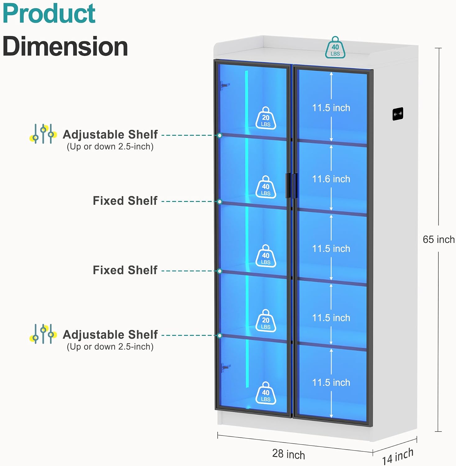 Lvifur 65' LED Display Cabinet with Lights for Living Room, 5 Tier Bookcase with Adjustable Shelves for Office, Tall Storage Cabinet with Human Body Induction for Collectibles (White)