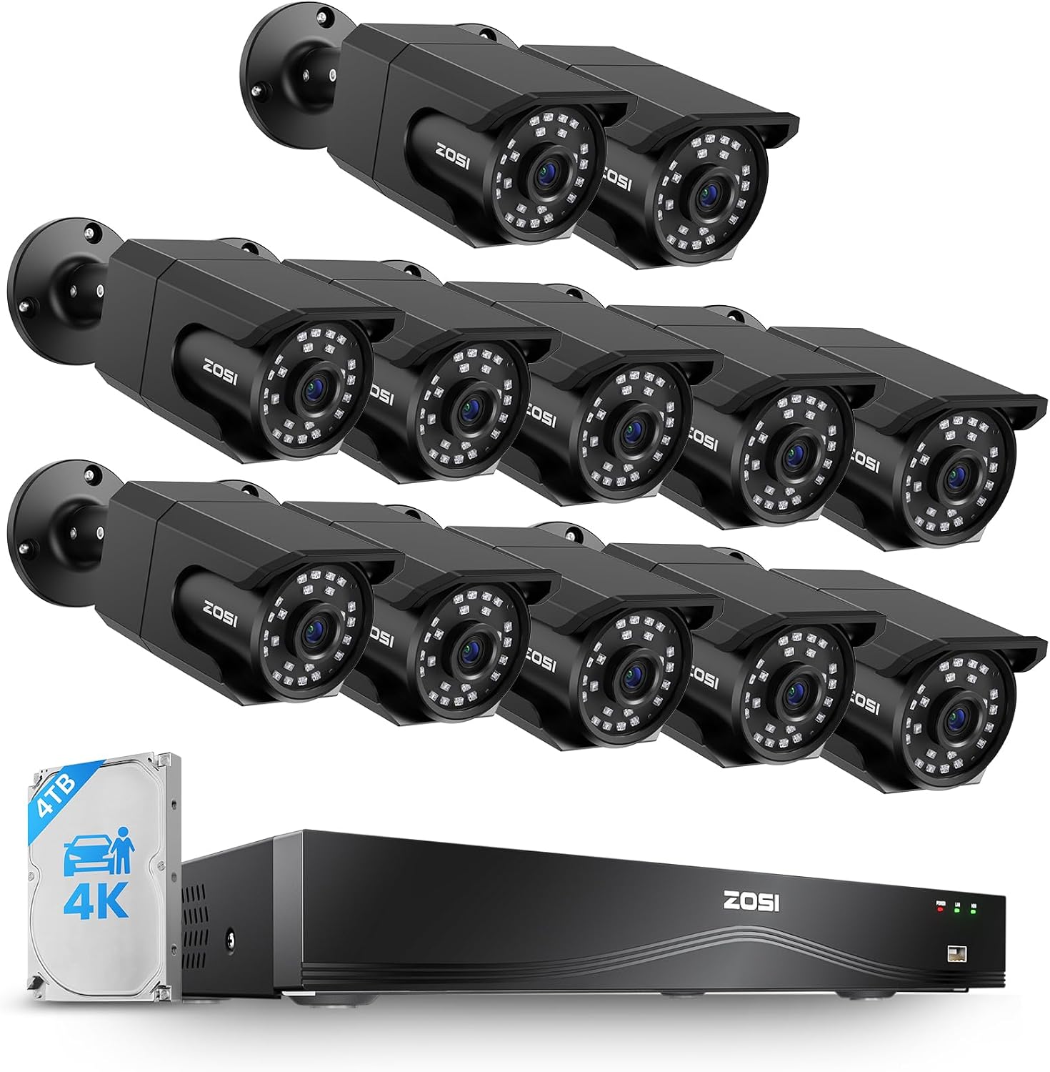 ZOSI 4K 16CH PoE NVR Security Camera System, 12 x 8MP PoE IP Camera Outdoor Indoor with AI Human Vehicle Detection, Night Vision, IP66 Weatherproof, 4K 16CH NVR with 4TB HDD for 24/7 Recording