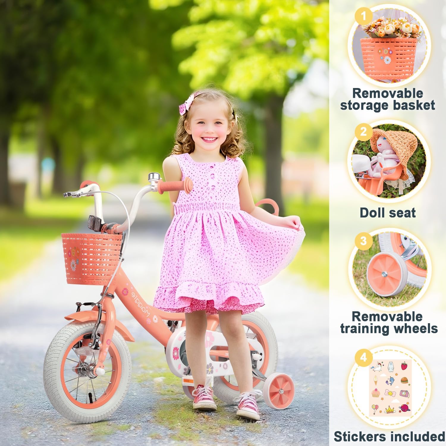 Glerc Maggie Girls Bike, 12-20 Inch Kids Bike for 2-13 Years Old Children, Princess Style Kids Bicycle with Doll-Seat & Basket & Training Wheels, Multiple Colors