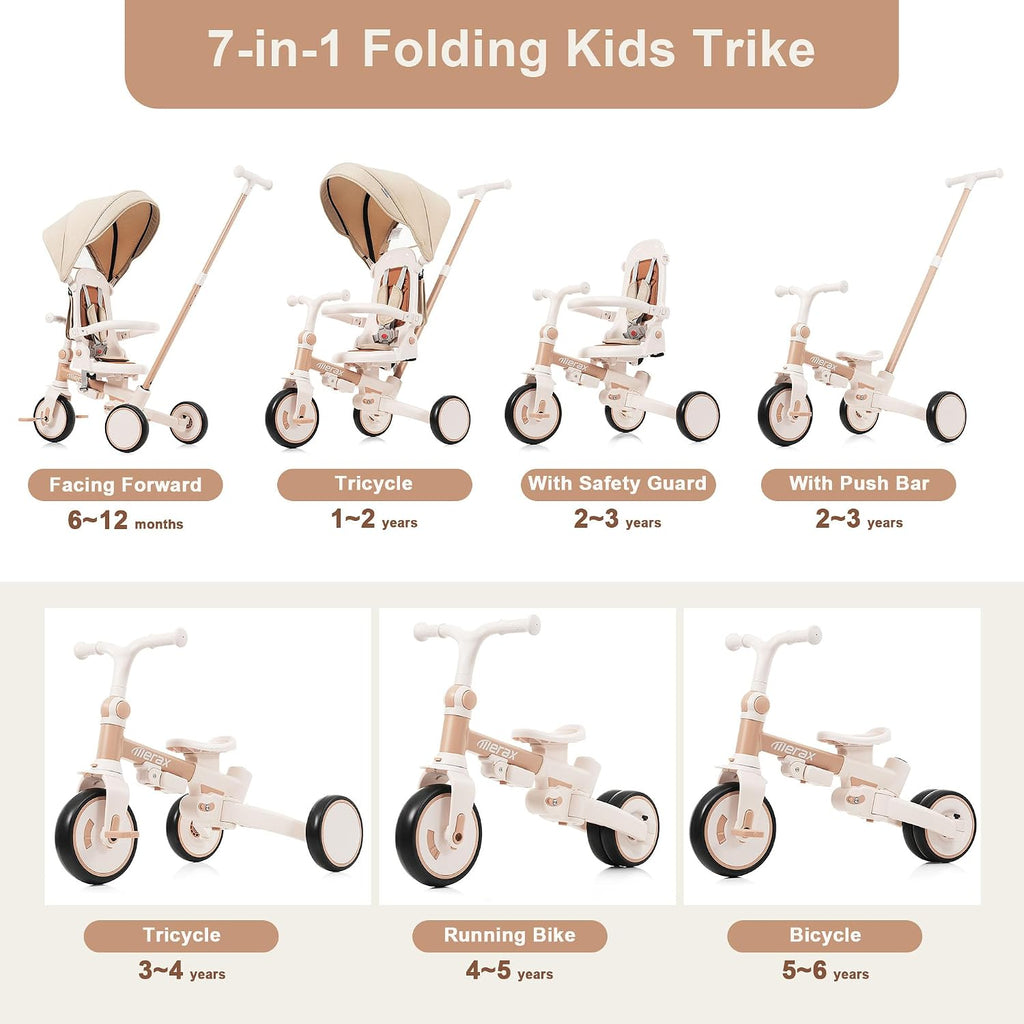 Foldable Toddler 7-in-1 Tricycle, Canopy, and Guardrail Parent Push Handle Ages 1-6 Years