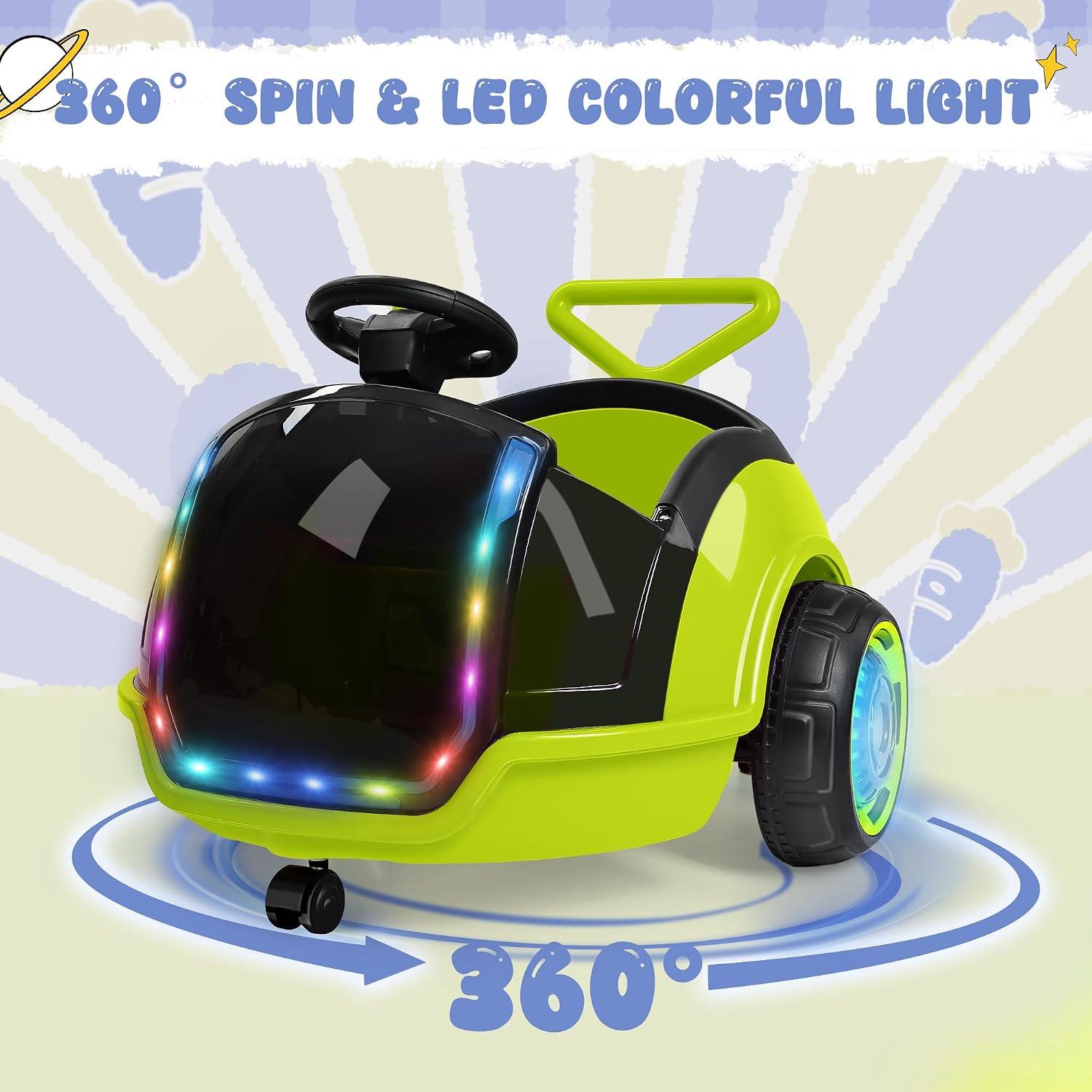 ANPABO 3-in-1 Electric Push Ride On Car, 12V Kids Ride On Toy w/Remote Control, 360° Spin, 5-Point Safety Belt, Colorful LED Light, Music Player, Push Car for Toddler Ages 1-3 (Green)