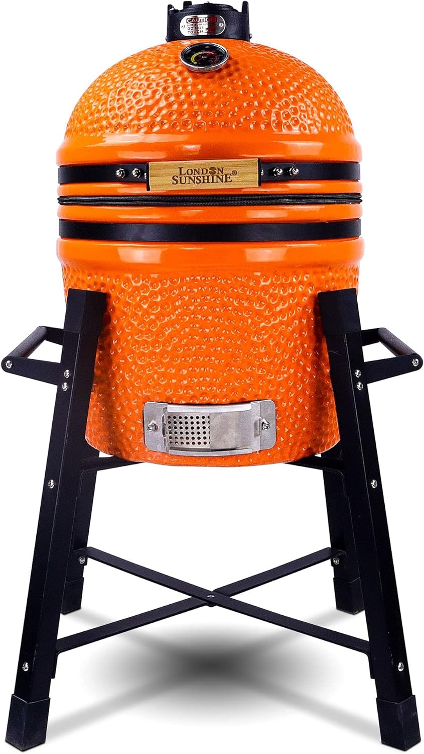 London Sunshine Ceramic Kamado Charcoal BBQ Grill and Smoker, Stainless Steel Grates -15' Ceramic with Tall Stand (ORANGE)