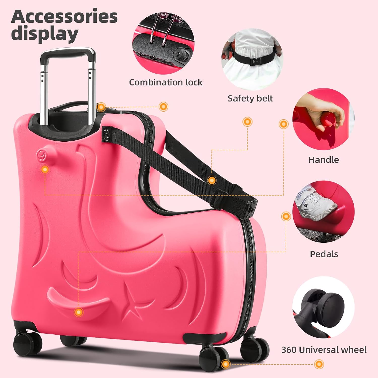 Toddler Luggage Ride On Suitcase for Kids with 4 Spinner wheels, Hardside Travel Luggage for Boys and Girls Ages 2-12 (Fuchsia Red, 20 inch ride on luggage)