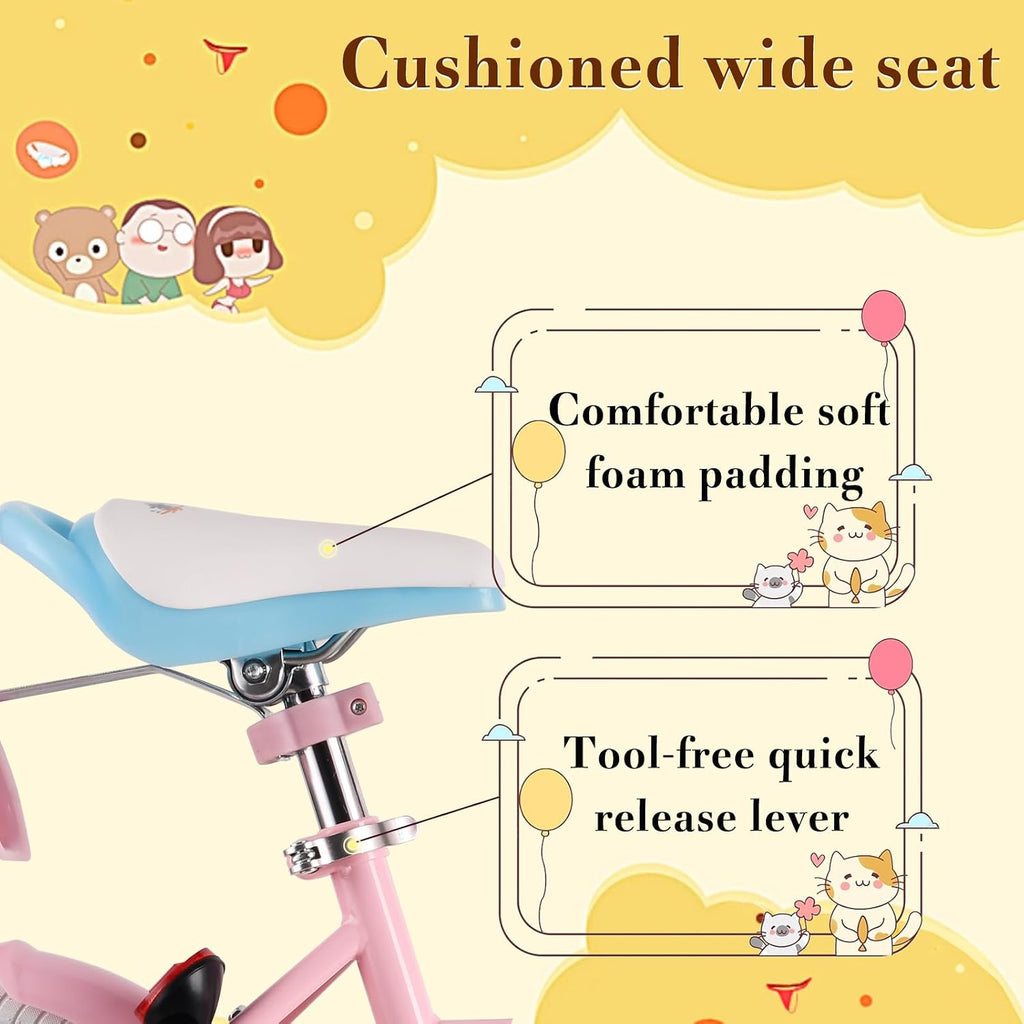 RULLY Daisy Kids Bike for Girls Ages 2-9 Years, 12 14 16 18 Inch Princess Girls Bicycle with Doll Bike Seat, Training Wheels, Basket and Streamers, Kids Cycle Bikes, Multiple Colors