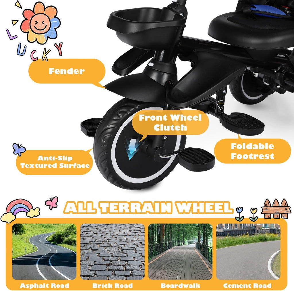 TODEFULL Folding Kids Tricycle, 8 in 1 Toddler Trike W/Removable & Adjustable Canopy, Parent Handle, 5-Piont Harness, Toddler Bike Tricycle for Kids 1-6 Years, EVA Wheels, Storage Basket, Blue