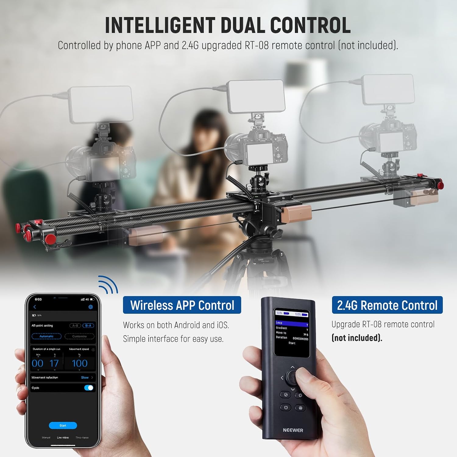NEEWER 47.2'/120cm Motorized Camera Slider, App Wireless Control DSLR Carbon Fiber Dolly Rail Slider with 4400mAh F750 Battery (Charger Not Included), Support Video Mode, Time Lapse Photography, ER1