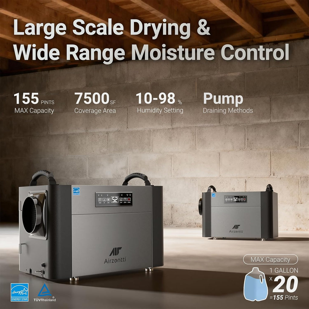 155 Pints Commercial Dehumidifier for Basement with Pump and Drain Hose, Large Space Dehumidifier for Crawl Space, Attic, Garage, Home, Industrial, Water Damage, Auto Defrost, Energy Star