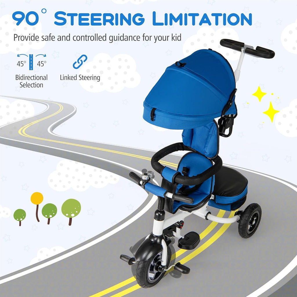 Costzon Tricycle, 5 in 1 Toddler Bike w/Foldable Push Handle, Rotatable Seat, EVA Wheel, Adjustable Canopy, Storage Basket & Bell, Trike for Kids 1-5 Years Old (Blue)