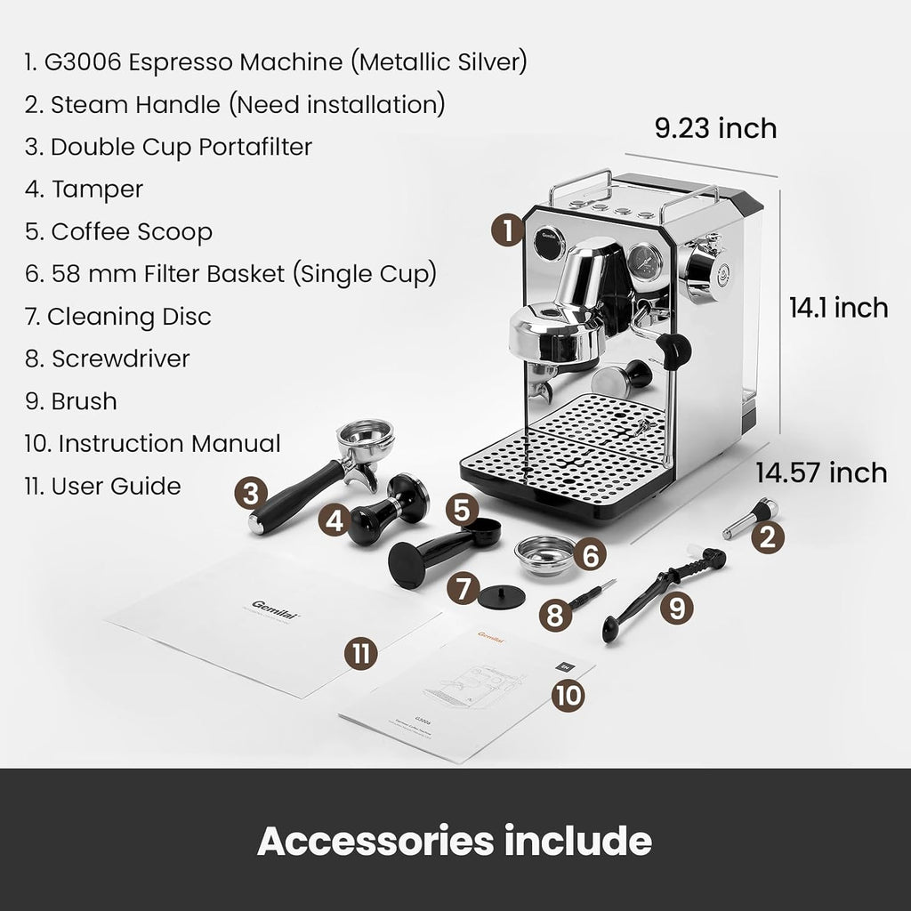 Gemilai Owl Espresso Machine, 15 Bar Professional Semi-Automatic Espresso Maker with Milk Frother Steam Wand & 57oz Removable Water Tank, Dual Display, for Cappuccino, Latte, G3006, Stainless Steel