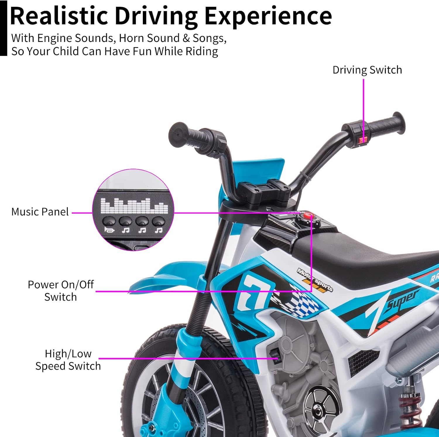 12V Battery Powered Motorcycle for Kids Electric Dirt Bike for Toddler Ride On Toys for Kids w/ 2 Speeds Training Wheels Music and Shock Absorber, Blue