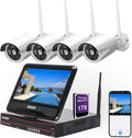 10CH Expandable Wireless Security Camera System with 10.1' Monitor 4pcs 5MP Indoor Outdoor Camera 1-Way Audio Night Vision Motion Detection Home Business CCTV Surveillance 1TB HDD