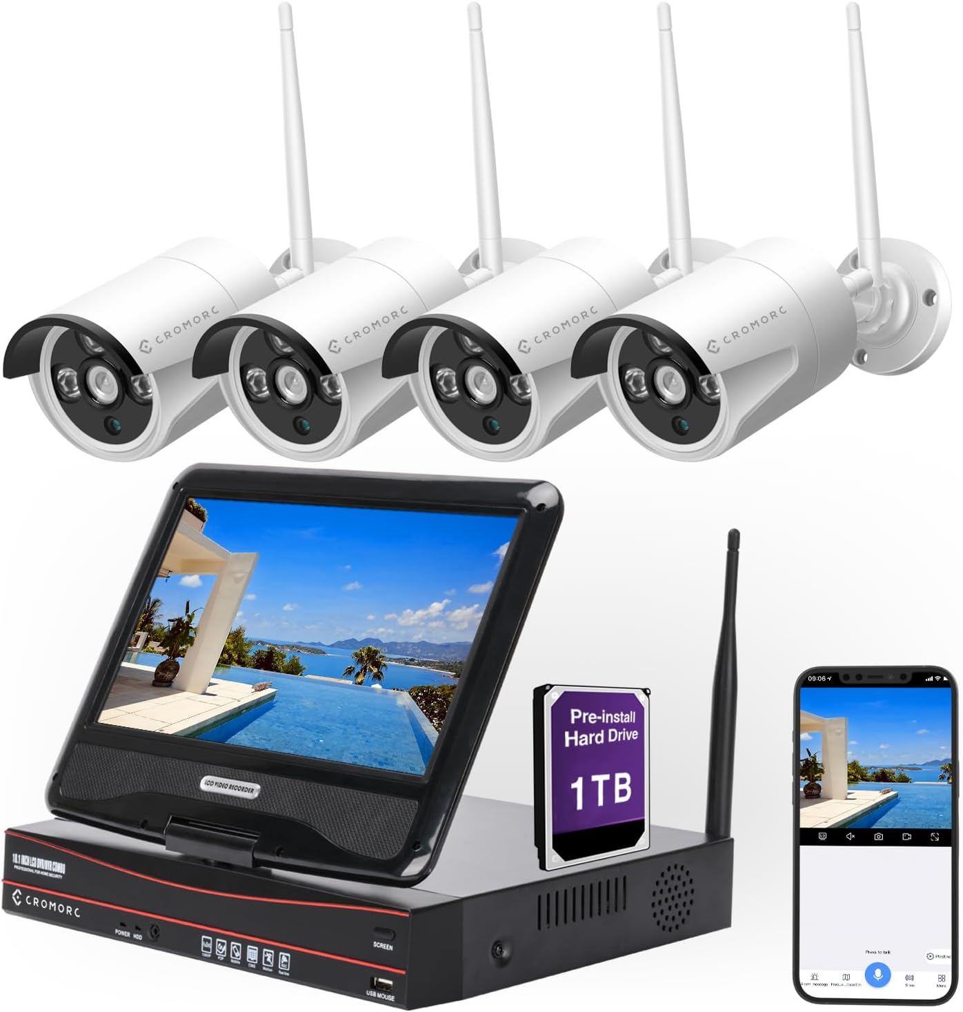 10CH Expandable Wireless Security Camera System with 10.1' Monitor 4pcs 5MP Indoor Outdoor Camera 1-Way Audio Night Vision Motion Detection Home Business CCTV Surveillance 1TB HDD