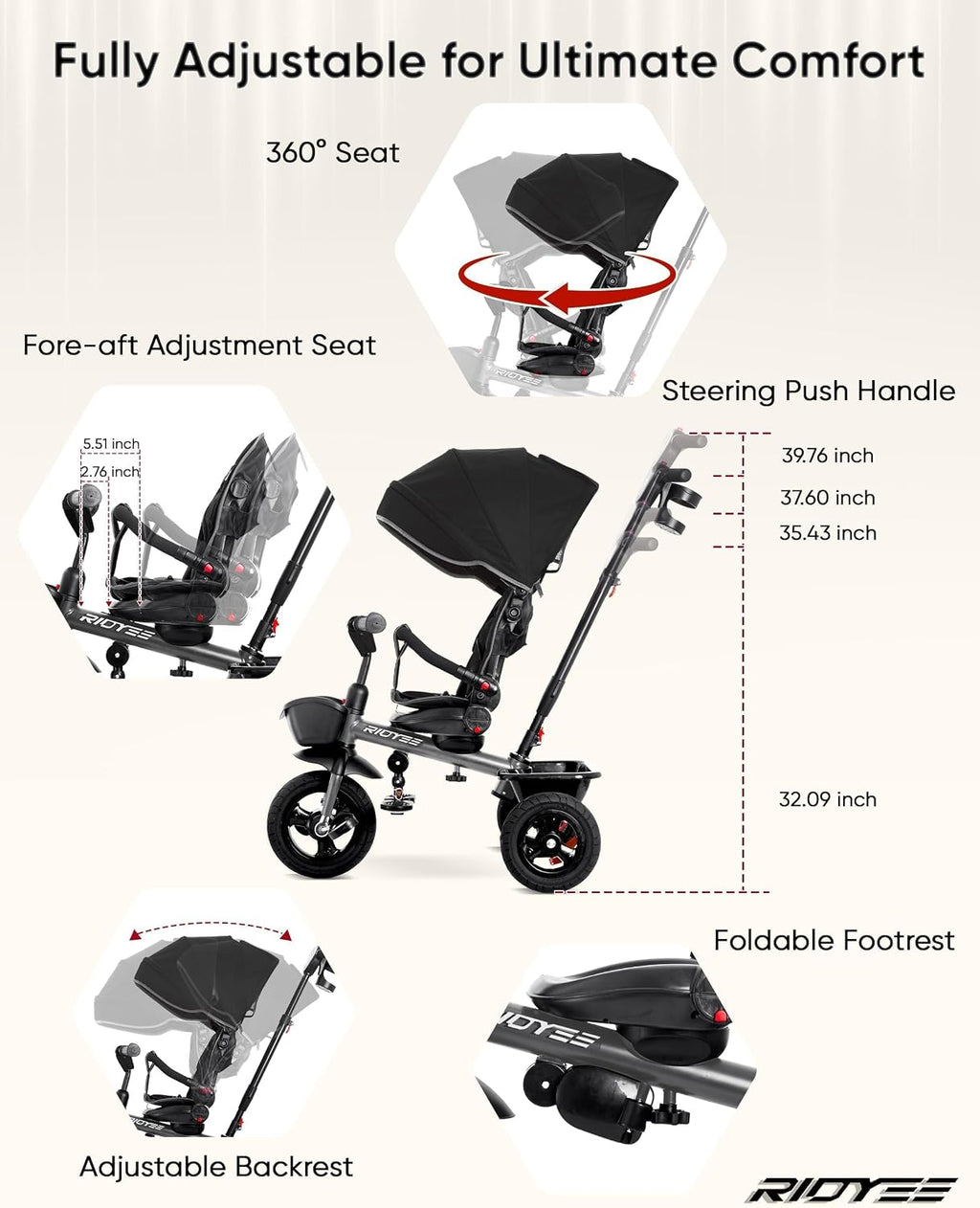 RIDYEE 7-in-1 Tricycle for 18 Months to 5 Years, All-Terrain Rubber Tires, Dual Wheel Brakes, Rotatable Seat for Toddlers 1.5-3, Tricycle for 3-5 Years with DIY Stickers, Grey