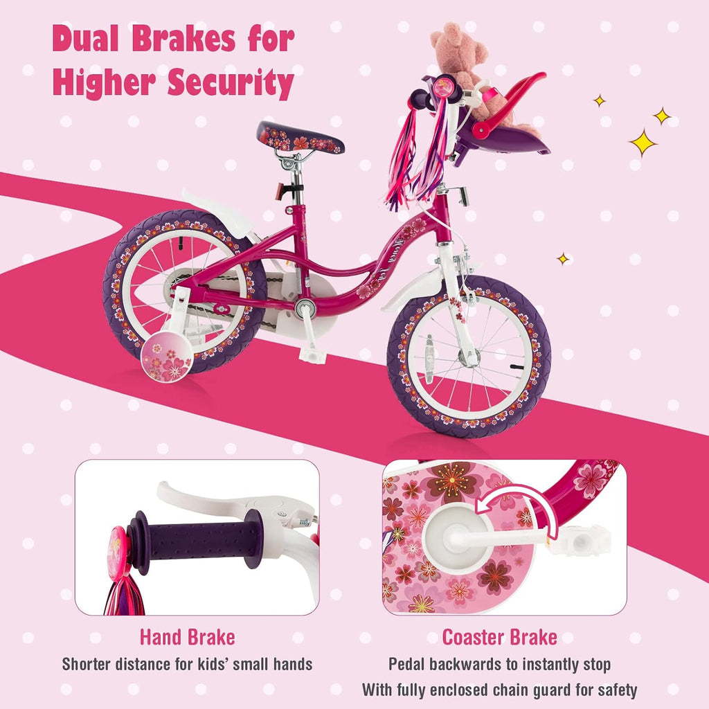 BABY JOY Kids Bike, 12 14 16 18 20 Inch Girls Bike w/Detachable Training Wheels or Kickstand, Storage Basket, Adjustable Seat & Handlebar, Bow or Streamer, Children Bicycle for 3-8 Years Old
