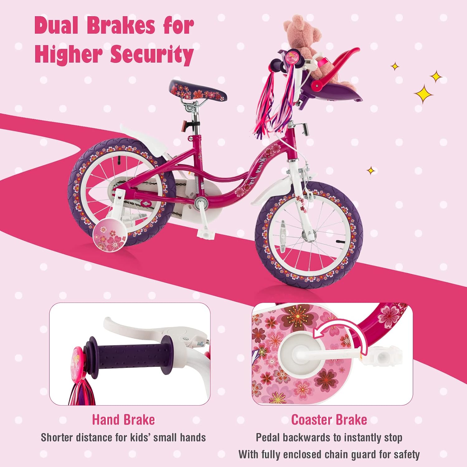BABY JOY Kids Bike, 12 14 16 18 20 Inch Girls Bike w/Detachable Training Wheels or Kickstand, Storage Basket, Adjustable Seat & Handlebar, Bow or Streamer, Children Bicycle for 3-8 Years Old