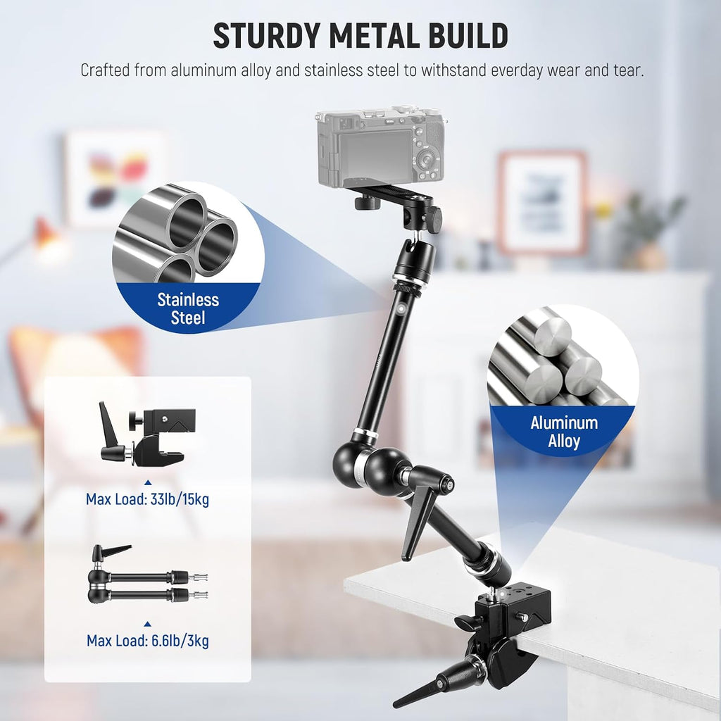 NEEWER 21' Magic Arm Camera Mount with Super Clamp, Overhead Desk Mount with 360° Dual Ball Head, 1/4' 3/8' 5/8' Stud Adapter for PA073 PA074 Phone Cage Rig DSLR Camera Monitor Video Light, UA018