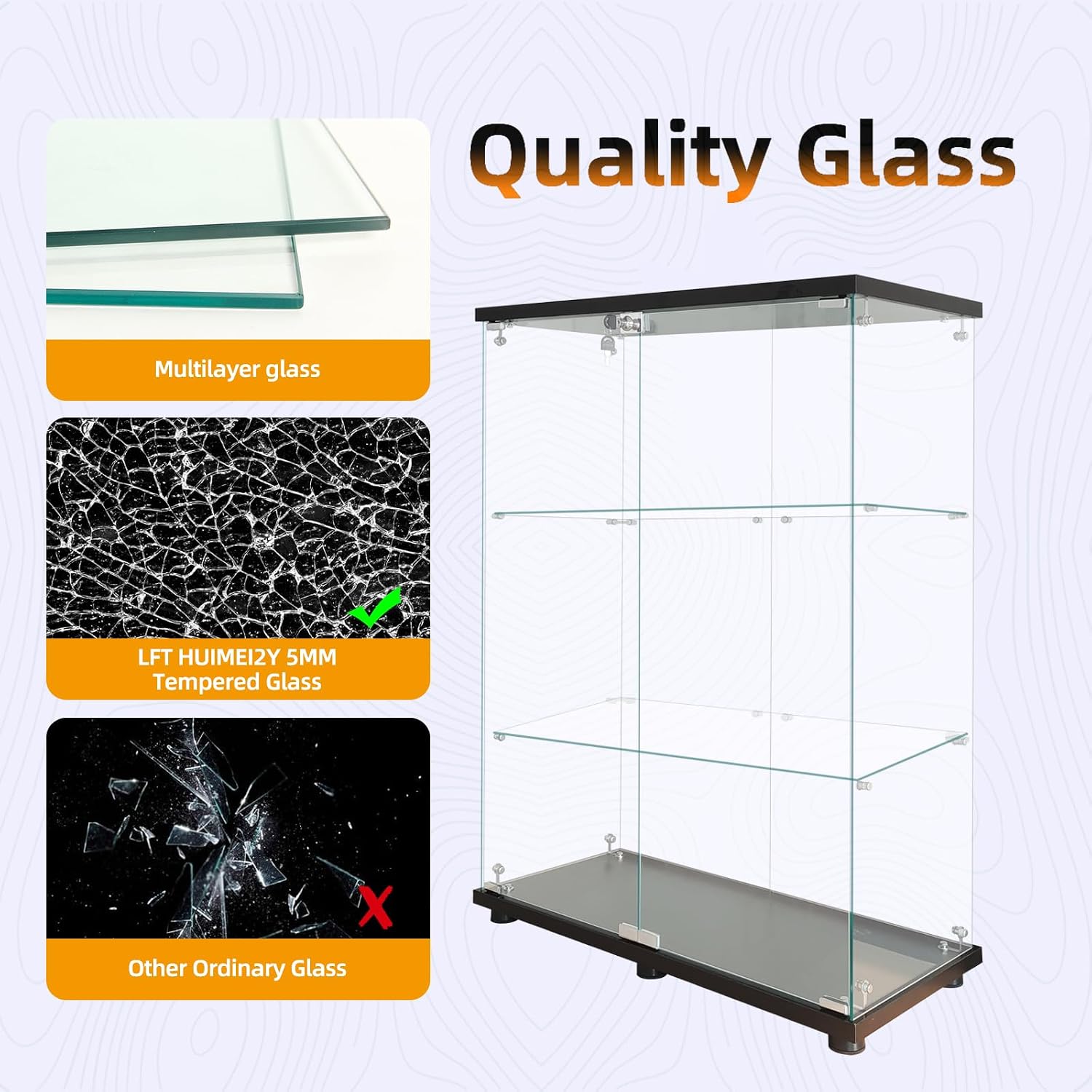 LFT HUIMEI2Y Glass Display Cabinet 3-Shelf with Double Door, Curio Cabinets Fast Installation in 30 Mins, 5mm Tempered Glass Floor Standing Bookshelf for Bedroom, Living Room 49.1'x 31.7'x 14.4' Black