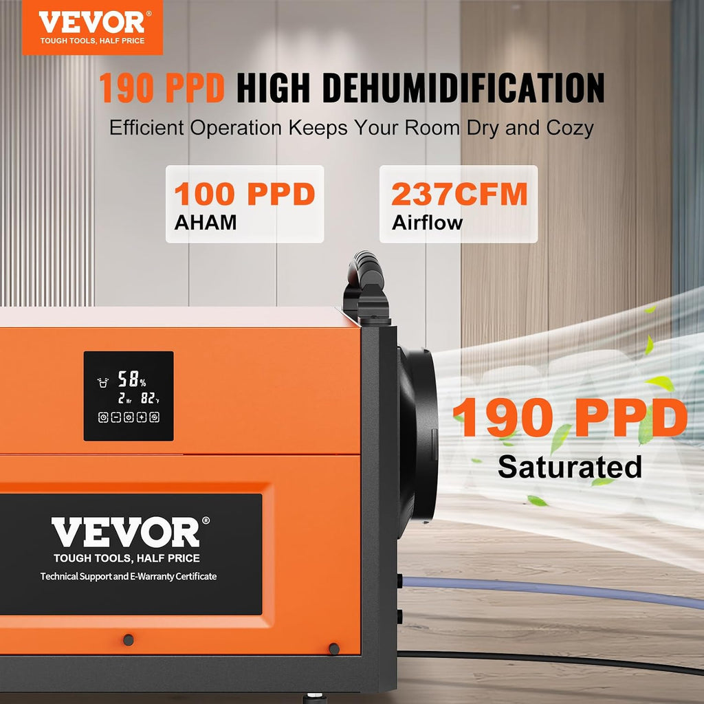 VEVOR 190 Pints Commercial Dehumidifier with Drain Hose for Crawl Spaces, Basements Warehouse & Job Sites, Large Capacity Dehumidifier for Water Damage Restoration, Auto Defrost, CSA Listed