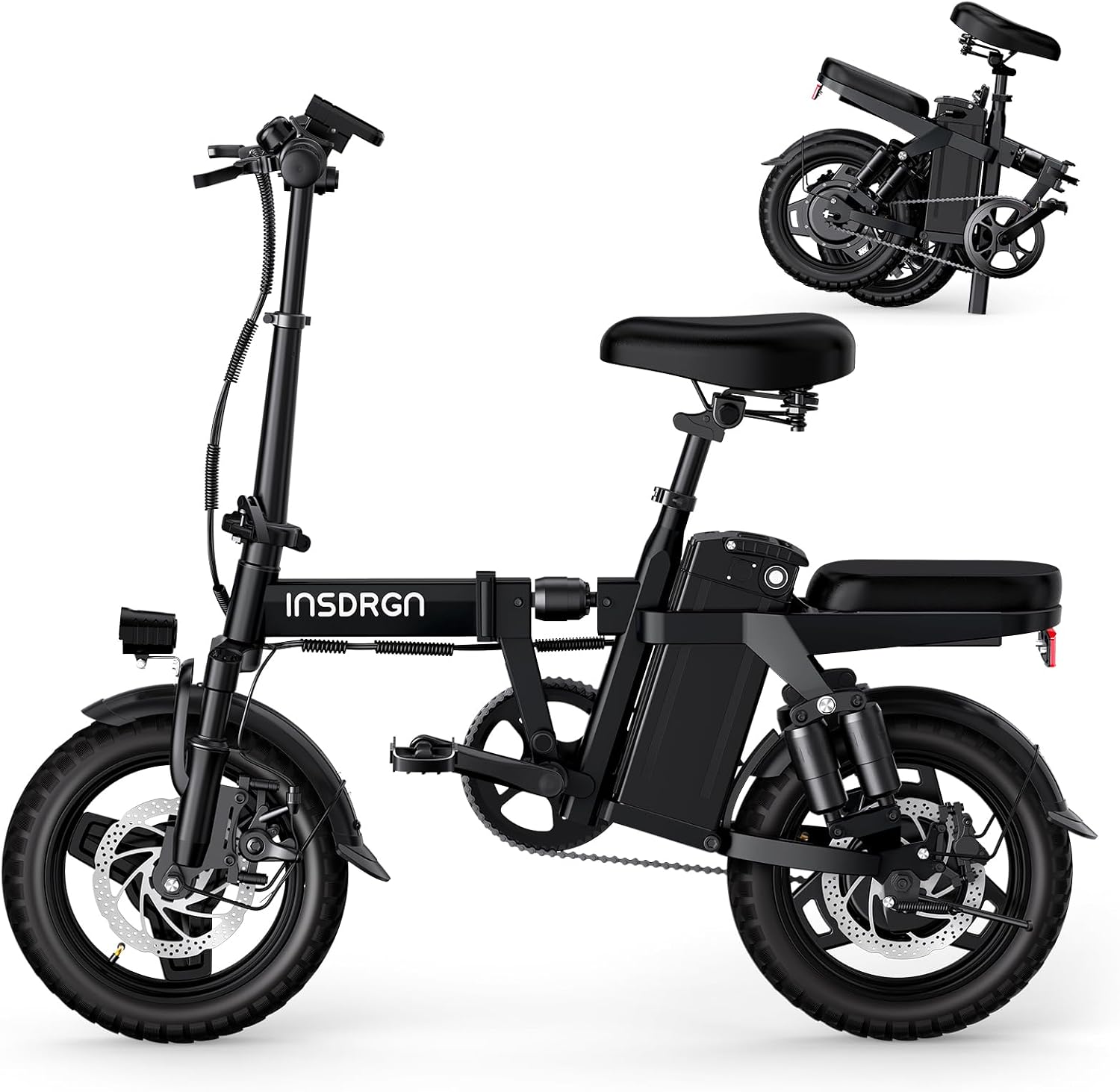 INSDRGN Electric Bike for Adults and Teens, 14' Folding E Bikes, 650W Peak Motor, 48V 499Wh/768Wh Removable Battery, 28-50 Miles PAS Range, 20MPH Electric Mountain Bike, 9 Shock Absorbers, UL 2849