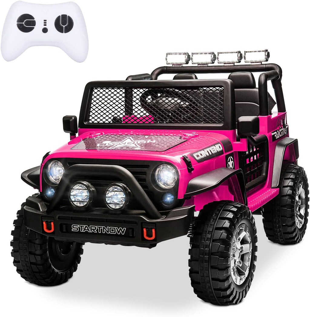 SEHOMY 2 Seater Electric Car for Kids, 12V Ride on Toys Power Wheels with Remote - 3 Speeds, Spring Suspension, 110LB Max, LED Lights, Music, Kids Electric Vehicles Toddler Truck for Boys Girls Pink