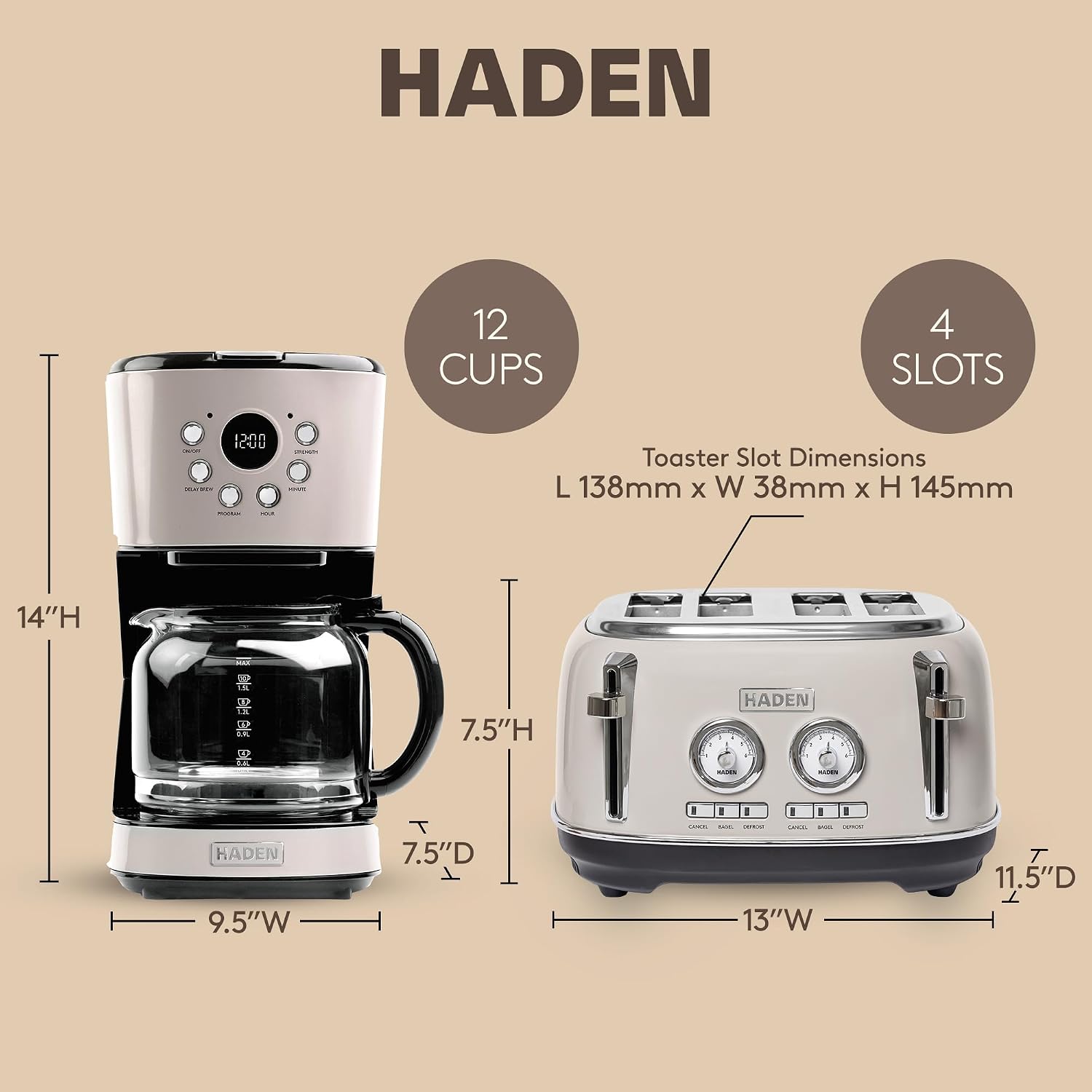 Haden 12 Cup Programmable Drip Coffee Maker Coffee Machine Bundled with Dorset 4 Slice Wide Slot Stainless Steel Toaster, Putty & Chrome