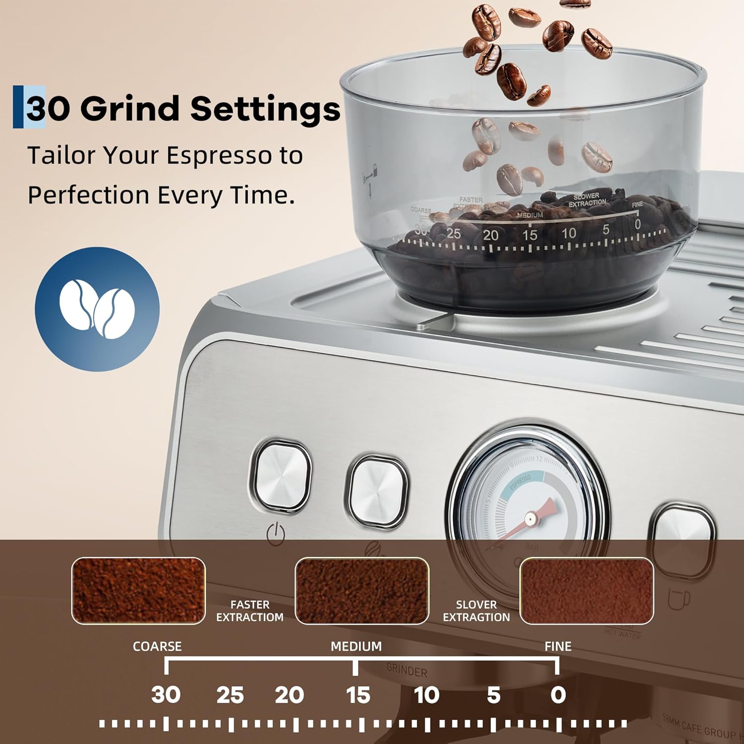Garvee Stainless Steel Espresso Machine with Grinder & 20 Bar Pressure, 2.8L Removable Water Tank, Milk Frother Steam Wand for Latte/Cappuccino - Adjustable Shot Volume, Professional Home/Office Use