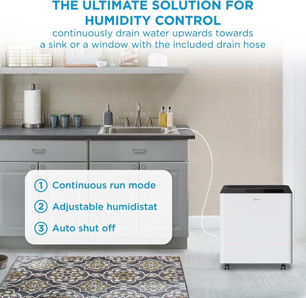 Midea 4,500 Sq. Ft. Dehumidifier with Pump Included 50 Pint - Ideal for Basements, Large & Medium Sized Rooms, and Bathrooms (Renewed)