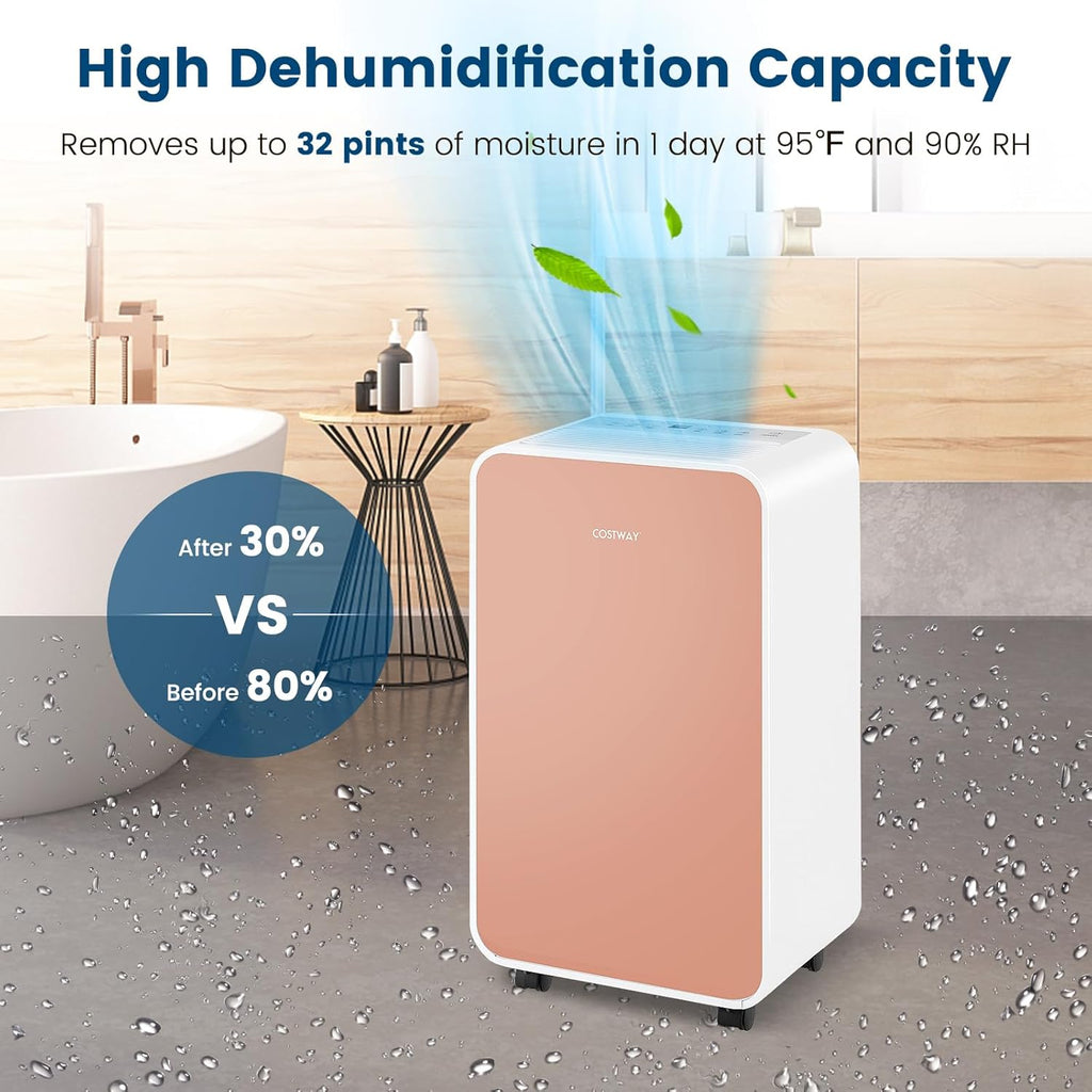 COSTWAY 2500 Sq. Ft Dehumidifier for Basement, 32 Pints Portable Quiet Dehumidifier for Bedroom Bathroom with Sleep Mode, 24H Timer, Auto Shut Off, Auto Defrost & Drain Hose (Pink)