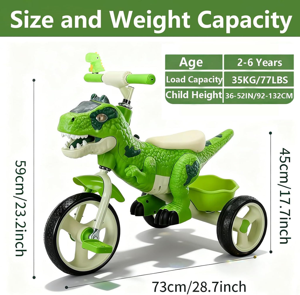 NMM Dinosaur Tricycle for Toddlers, Kids Trike with Music, LED, Tricycles for 3-5 Year Olds, for Rider, Big Wheel, Storage Basket, Horn, Toddler Bike for Boy, Dinosaur Toys for Kids 2-4 4-7