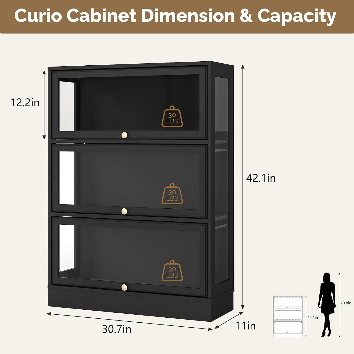 Display Cabinet with Acrylic Glass Doors,3-Tiers Curio Cabinet with LED Lighting for Collectibles, Collectibles Toy Organizers Rack & Display Shelf Display Case Storage Cabinet, Black