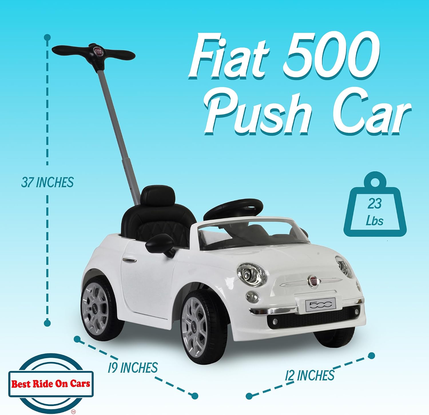 BEST RIDE ON CARS Fiat 500 Push Car for Kids, White, Stroller, Adjustable Handle, Music, Stable Wheels, Safety Belt, Multi-Functional Steering Wheel