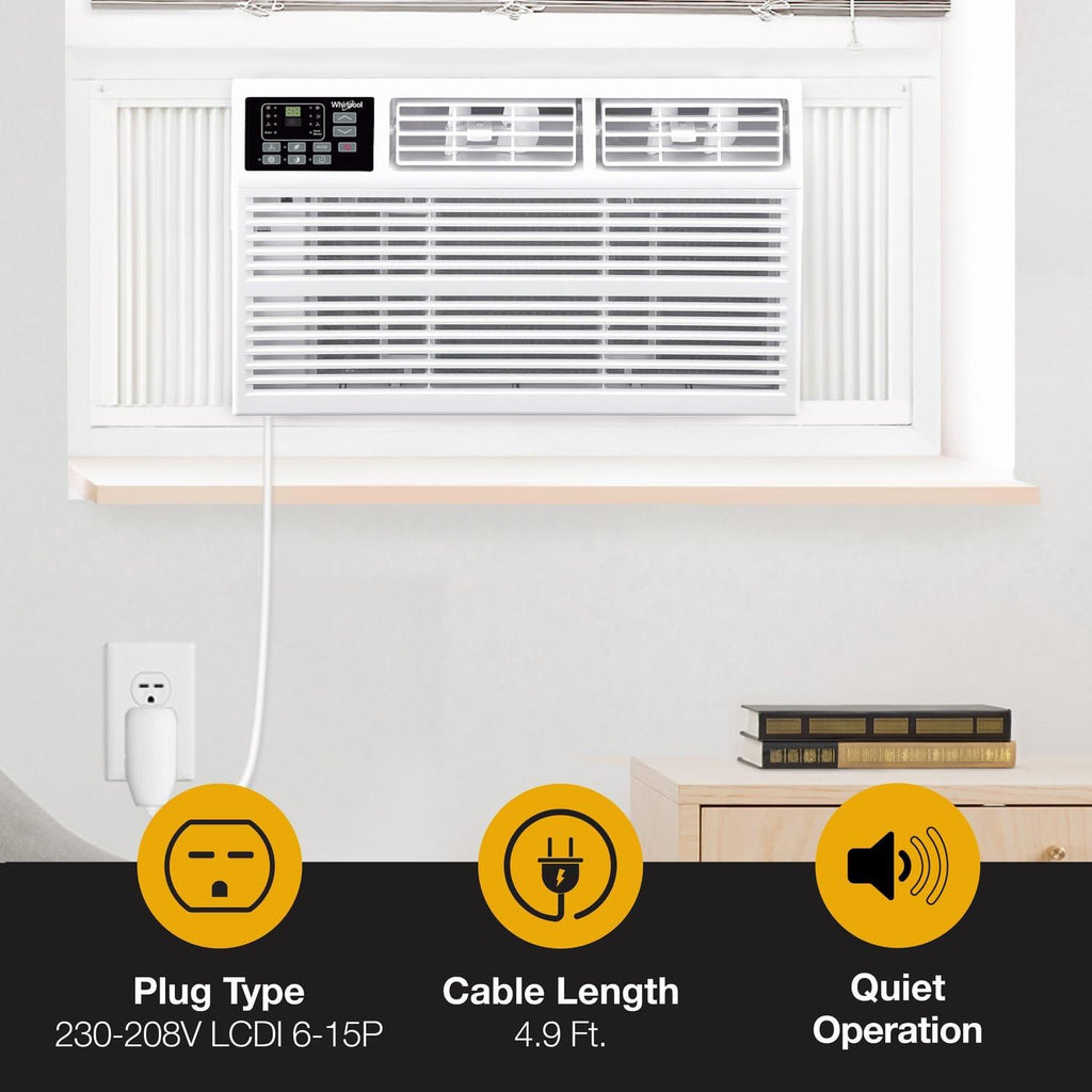 Whirlpool 12,000 BTU 230V Window Air Conditioner with Supplemental Heat, Window Mounted AC Unit with Heater for Apartment, Living Room, Bedroom, Rooms up to 550 Square Feet