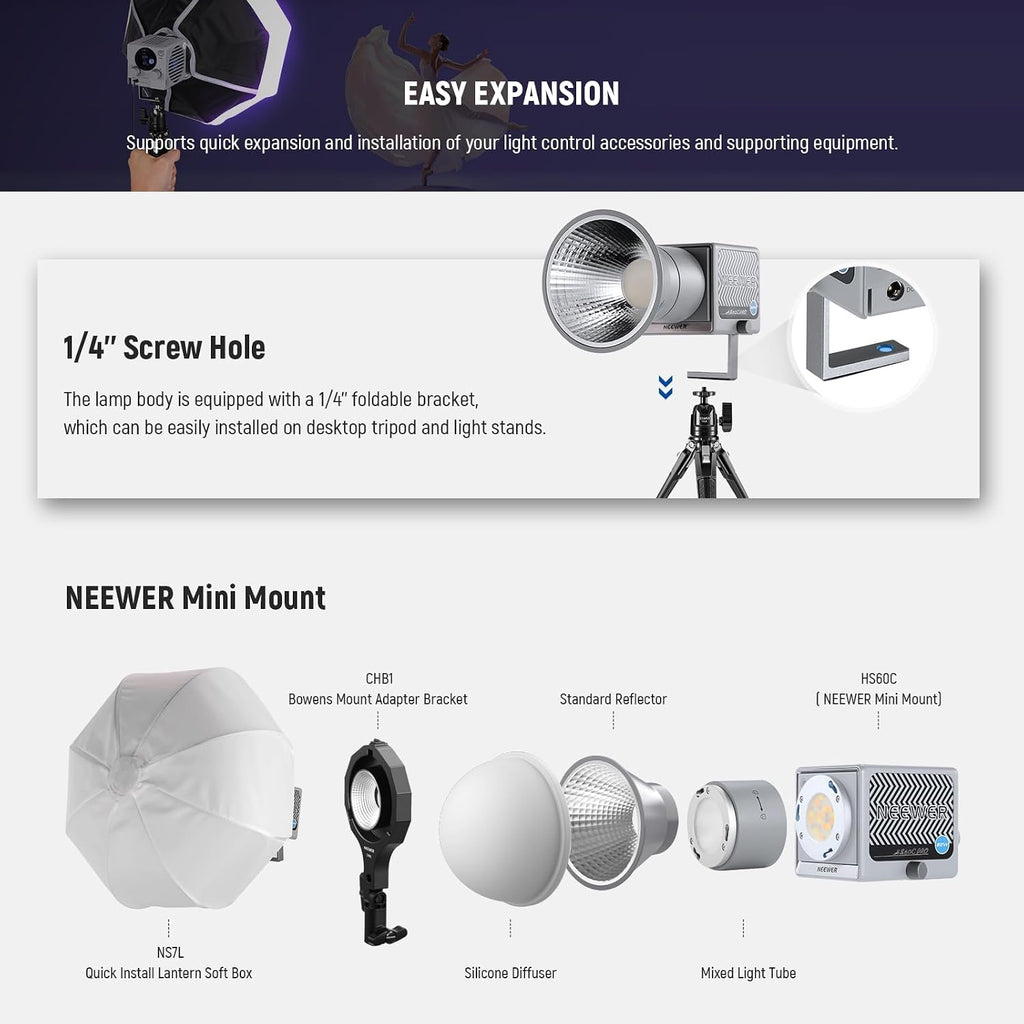 NEEWER HS60C Pro 60W Portable RGB LED Video Light, APP DMX/Panel Control/Custom Effects/Light Group 8700Lx/1m 2700-6500K CRI97+ COB Continuous Output Lighting for Video Recording Studio Photography