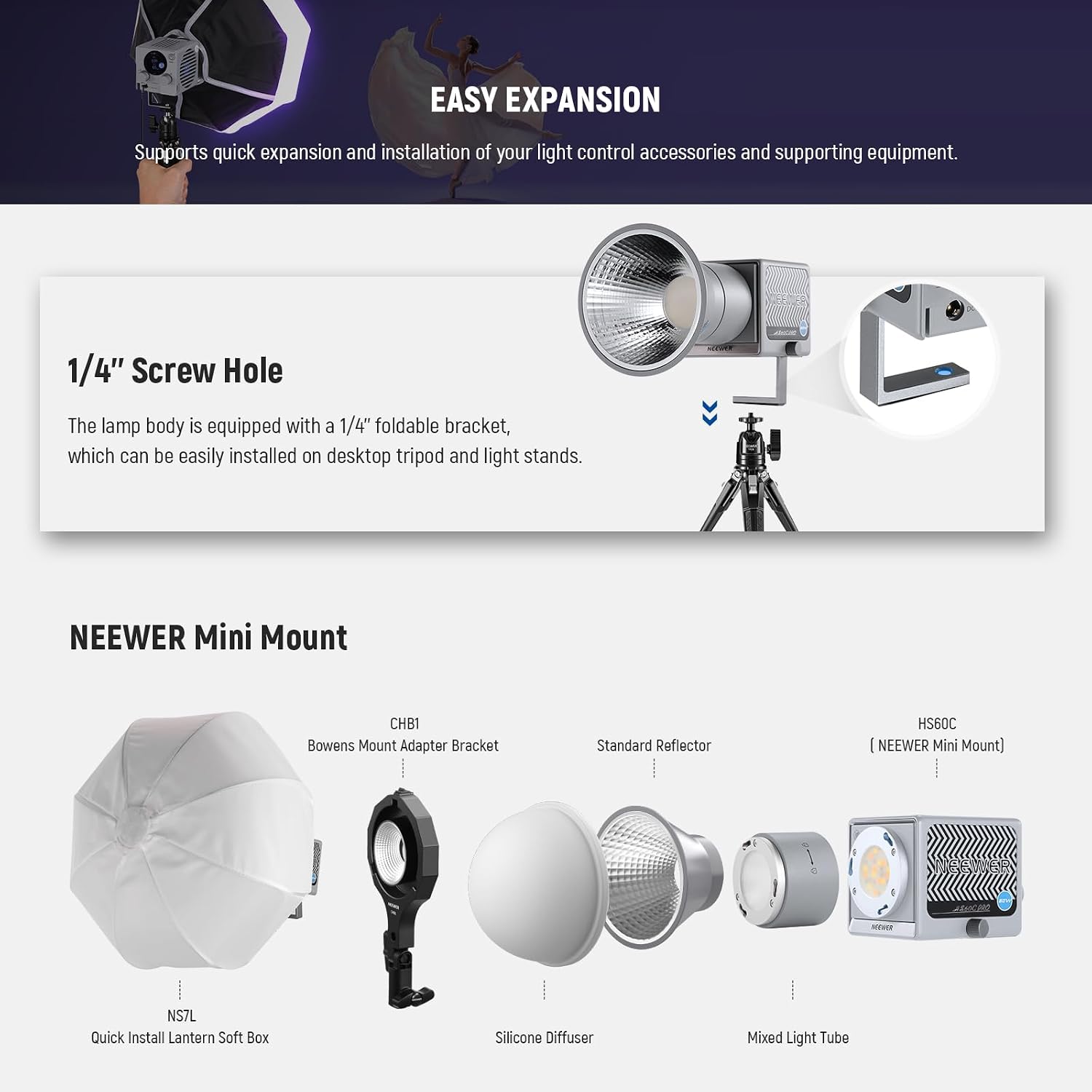 NEEWER HS60C Pro 60W Portable RGB LED Video Light, APP DMX/Panel Control/Custom Effects/Light Group 8700Lx/1m 2700-6500K CRI97+ COB Continuous Output Lighting for Video Recording Studio Photography