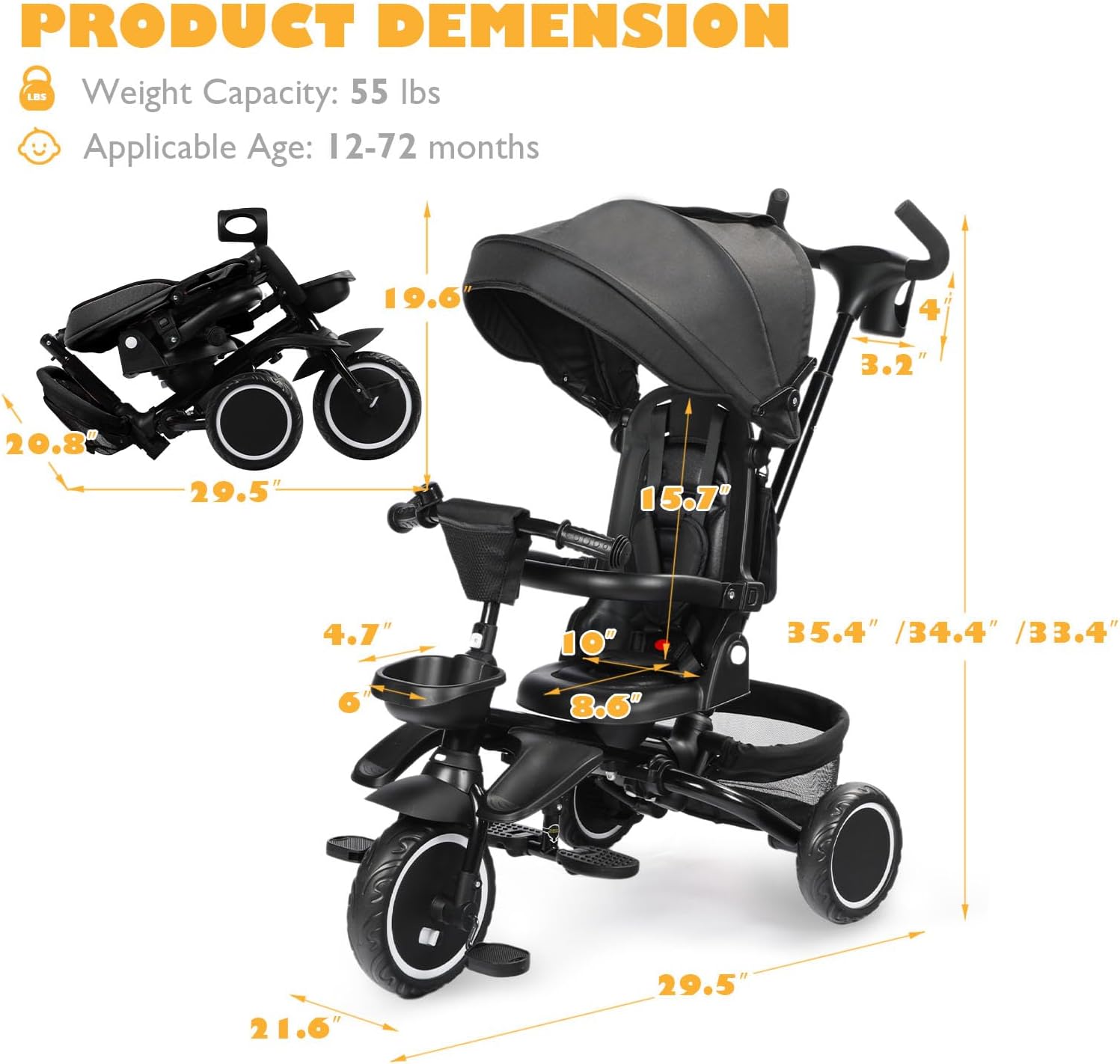 TODEFULL Folding Kids Tricycle, 8 in 1 Toddler Trike W/Removable & Adjustable Canopy, Parent Handle, 5-Piont Harness, Toddler Bike Tricycle for Kids 1-6 Years, EVA Wheels, Storage Basket, Black