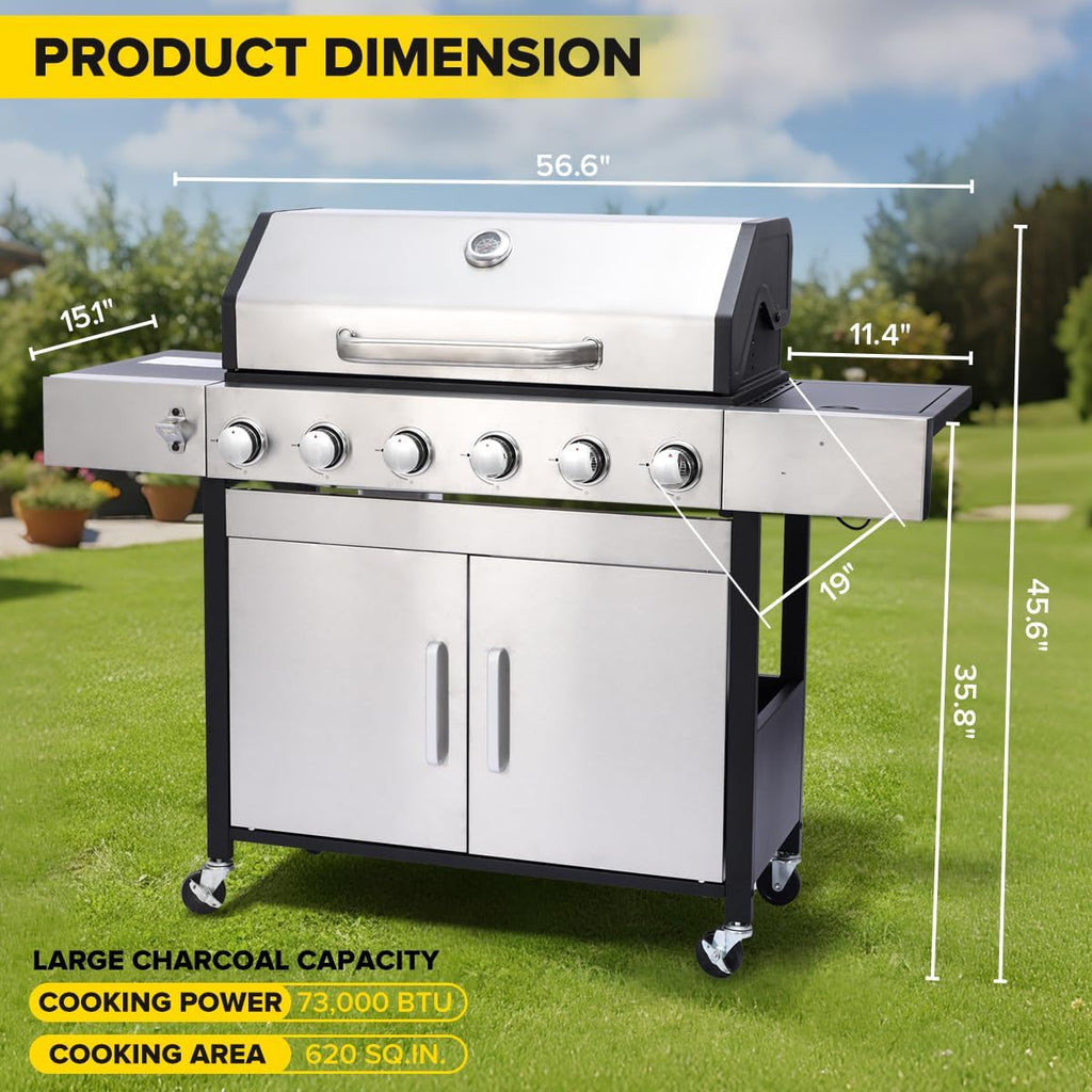 CIG GARDEN 6-Burner Propane Gas Grill with Side Burner & Lid - 73000 BTU Stainless Steel BBQ Grill with Warming Rack for Backyard, Patio, Camping Outdoor Cooking