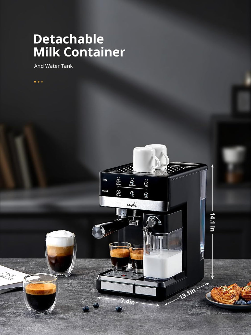 UDI Espresso Machine, 20 Bar Automatic Cappuccino & Latte Coffee Maker, Auto or Manual Quick Brew Dual Boiler, Touchscreen Espresso Maker (Black+Sliver)