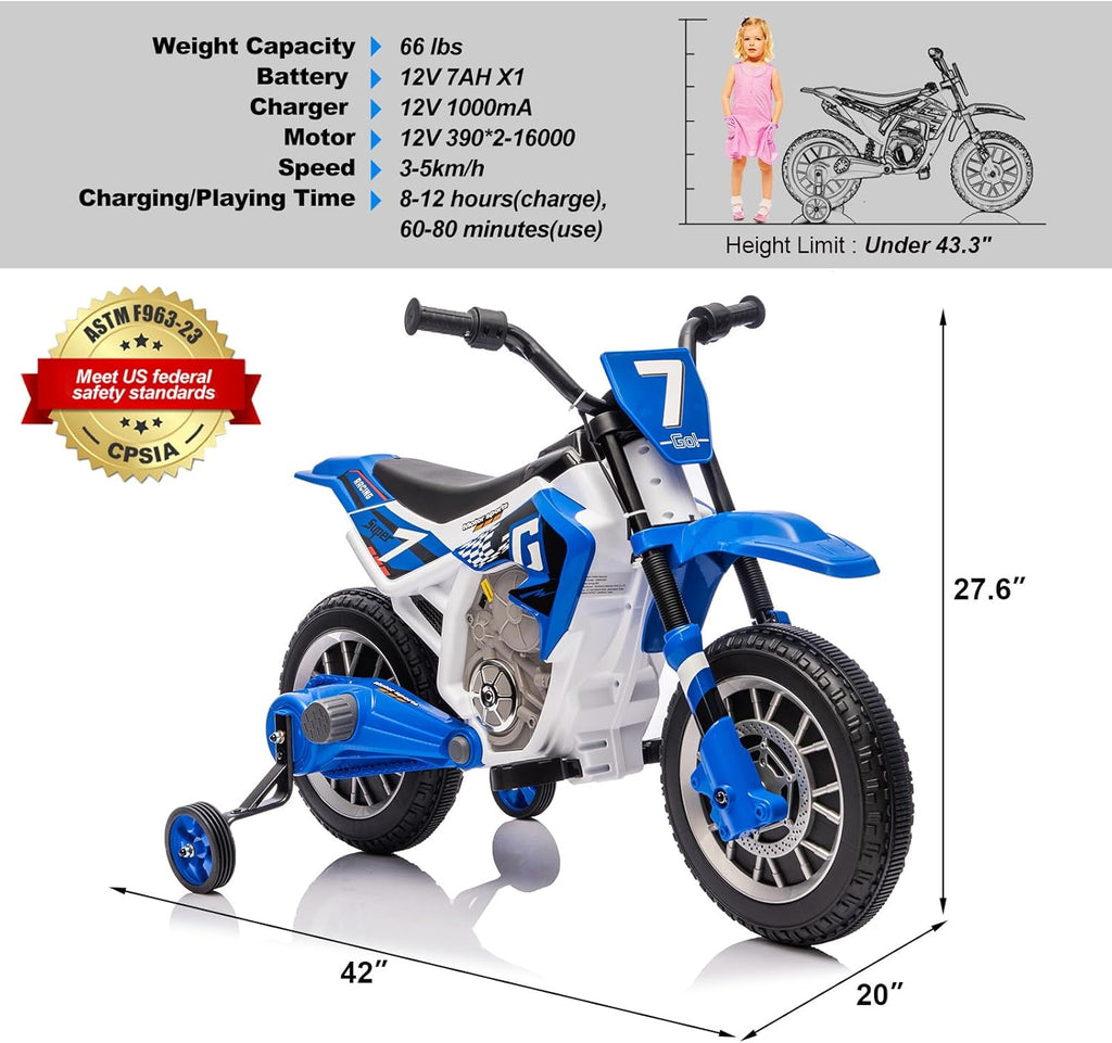 JOYLDIAS Kids Motorcycle, 12V7AH Ride On Motorcycle for Kids w/Training Wheels, Music, Spring Suspension, High/Low Speeds, Blue