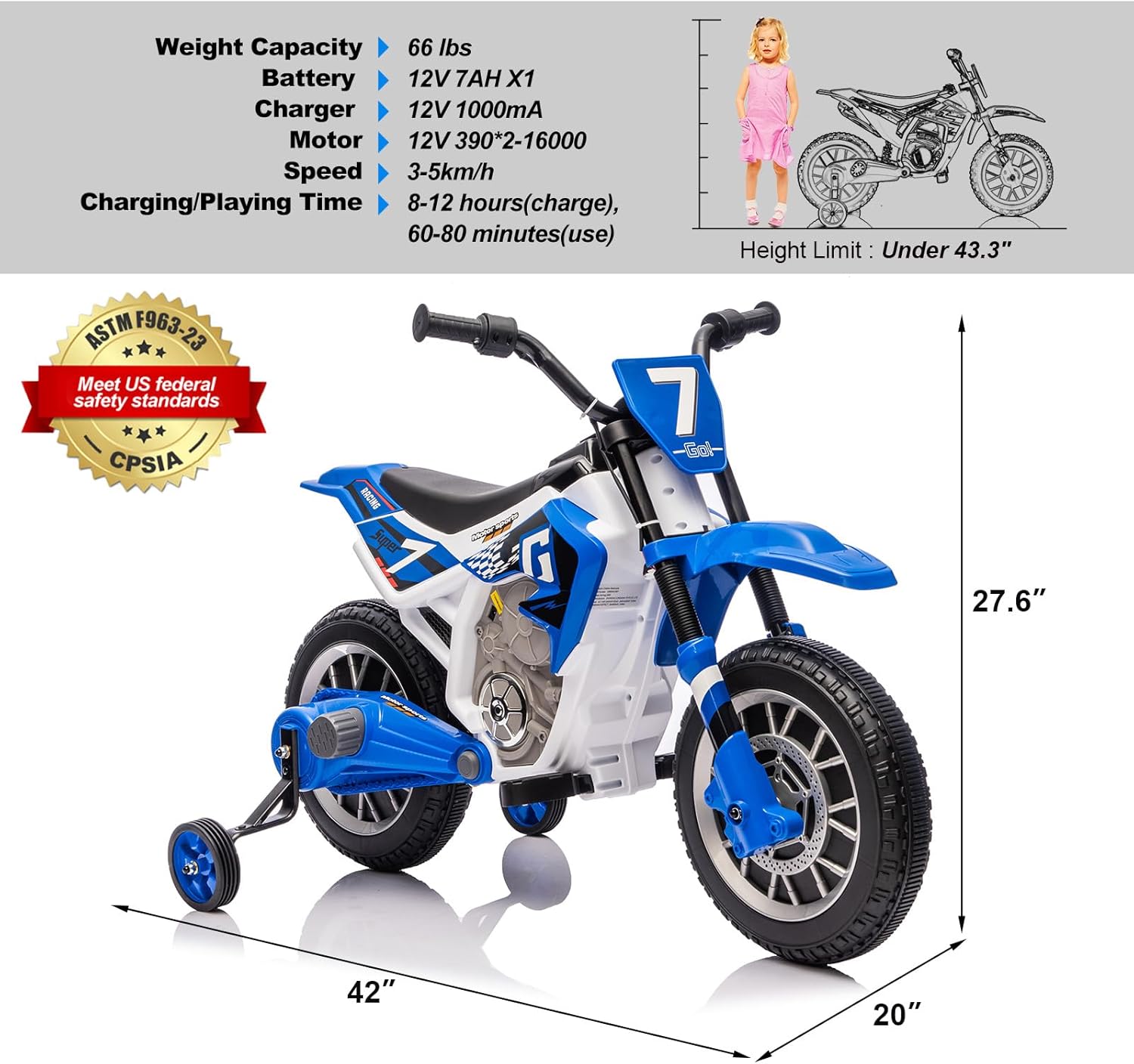 JOYLDIAS Kids Motorcycle, 12V7AH Ride On Motorcycle for Kids w/Training Wheels, Music, Spring Suspension, High/Low Speeds, Blue