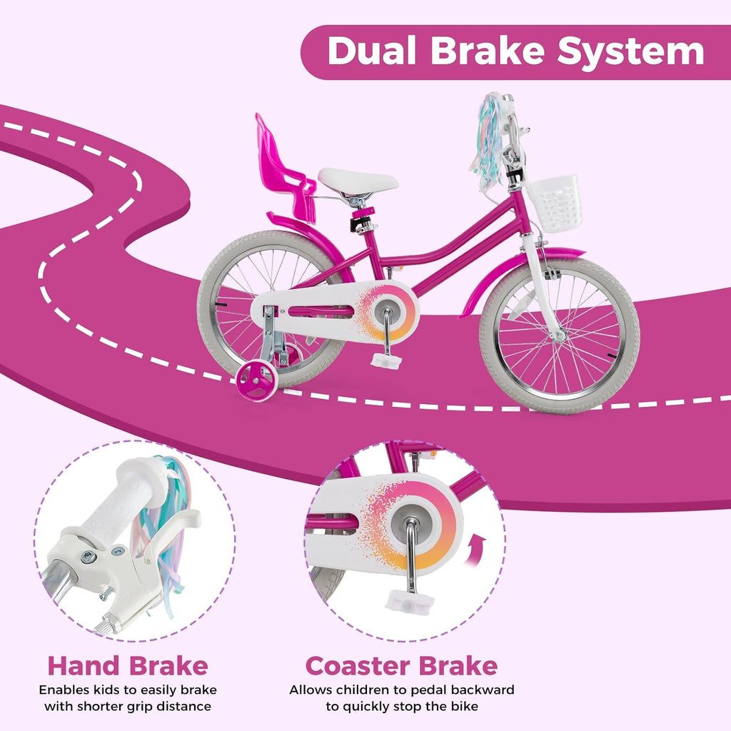 BABY JOY Kids Bike, 12 14 16 18 20 Inch Girls Bike w/Detachable Training Wheels or Kickstand, Storage Basket, Adjustable Seat & Handlebar, Bow or Streamer, Children Bicycle for 3-8 Years Old