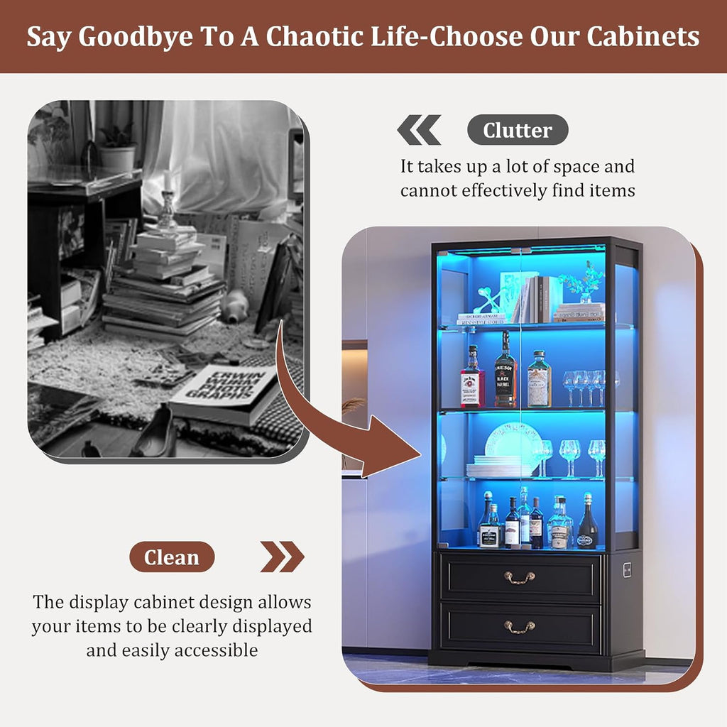 TAGELIER 67' Tall Display Cabinet with Glass Doors and 2 Drawers, Stable Wooden Frame Curio Cabinet with Smart Human Sensor, Led Display Cases for Collectibles and Books, Living Room Office (Black)