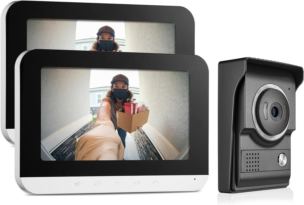 Video Intercom System, 7 Inch doorbell with Camera and Monitor, Video doorbell with IR-Cut Rainproof Outdoor Camera Visual Two-Way Intercom Audio Remote Unlock(1 Camera & 2 Monitors)