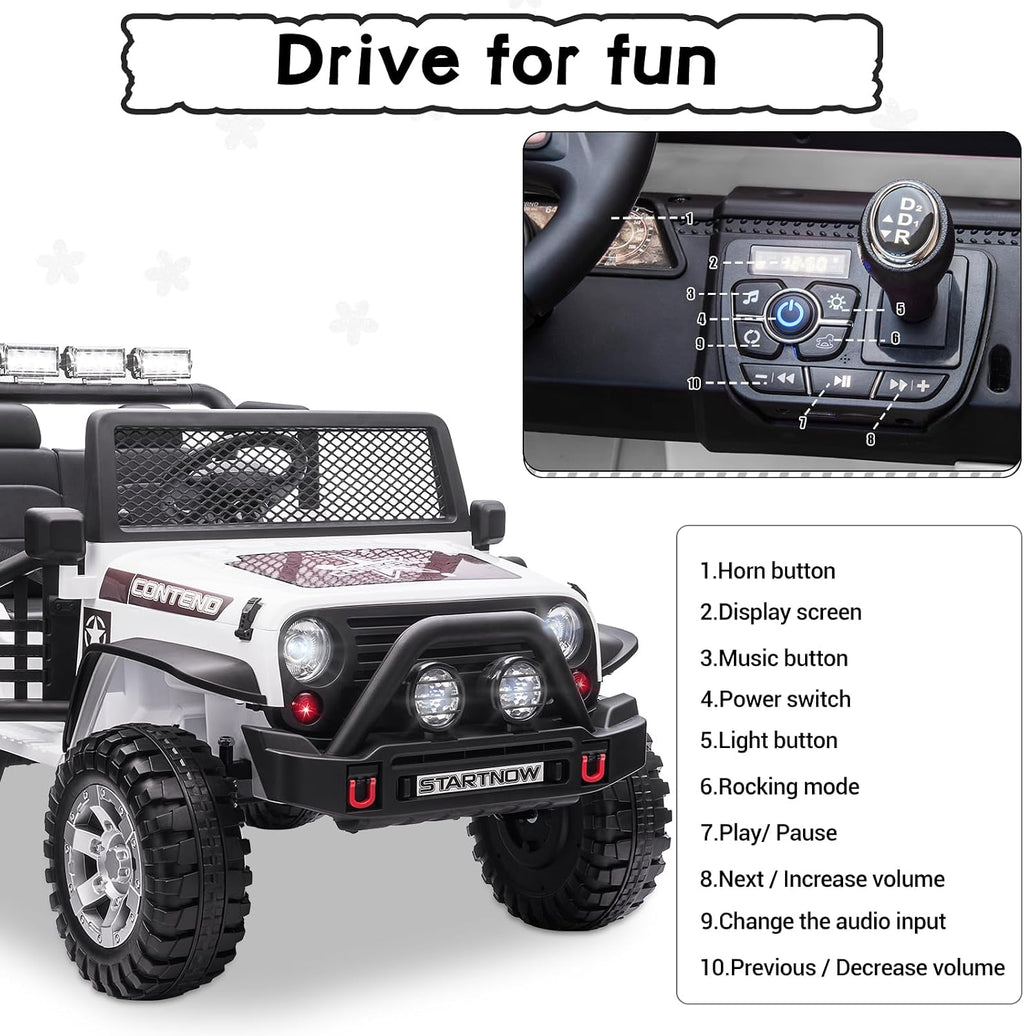 SEHOMY Two Seater Ride on Cars for Kids, 12V Power Wheels Truck with Remote Control, 3 Speed, Spring Suspension, 110LBS Max, Music, Horn, White Kids' Electric Vehicles Toddlers Toy Car for Boys Girls