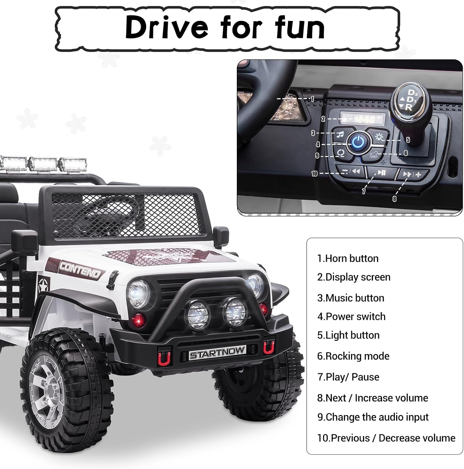 SEHOMY Two Seater Ride on Cars for Kids, 12V Power Wheels Truck with Remote Control, 3 Speed, Spring Suspension, 110LBS Max, Music, Horn, White Kids' Electric Vehicles Toddlers Toy Car for Boys Girls
