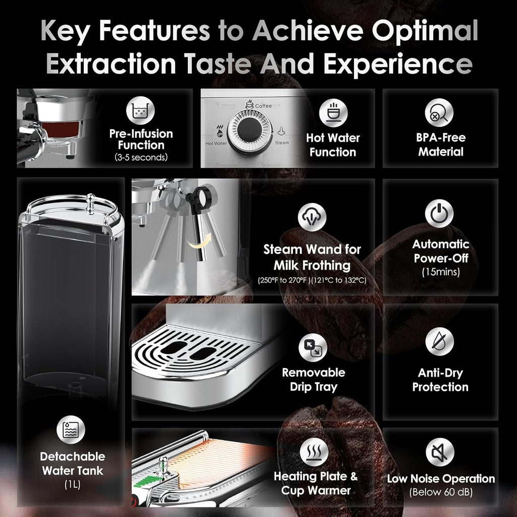 20-Bar Espresso Machine & Coffee Machine – Compatible with Nespresso, Keurig K Cup – Hot & Cold Brew, Milk Frother, Stainless Steel – 10 oz Espresso Cup - Latte Machine & Cappuccino Machine