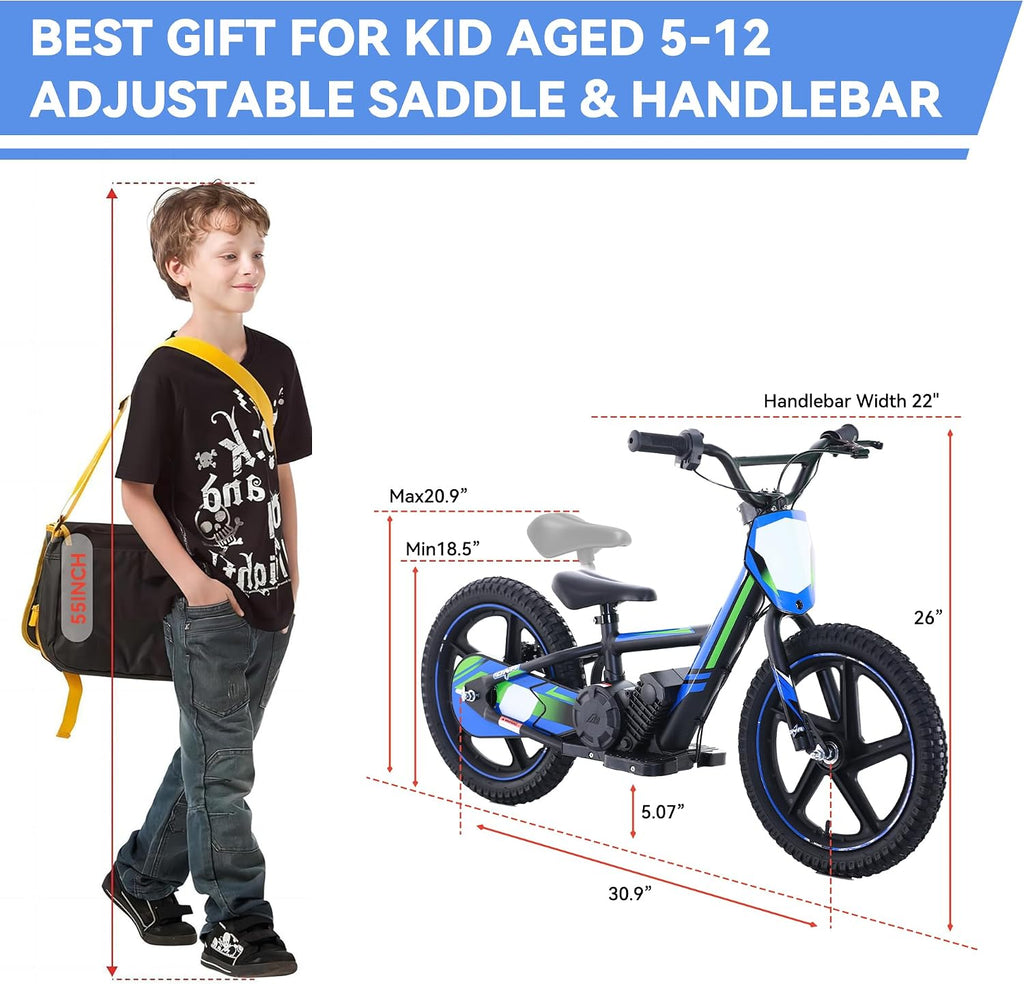 Lightweight Electric Dirt Bike for Kids, 340W Racing Electric Motorcycle, 24V Detachable Battery, Brushless Motor, Safe 3 Speed Modes, Mini Motocross Bike 16' Off Road Tires, Fit Age 5-12 Blue